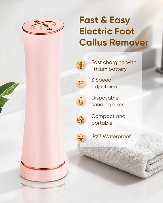 Electric Foot Callus Remover, 3-Speed Rechargeable Cordless Electronic Foot File with Moisturizing Balm, Electric Callus Remover Kit for Dead Skin, Birthday & Mothers Day Gifts for Women Mom (Pink)