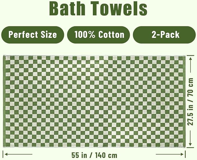 Jacquotha Bath Towels Set of 2 - Luxury Cotton Bathroom Shower Towels Body 55” x 27.5” Absorbent, Quick Dry, 520GSM, Green Checkered Bathroom Decor