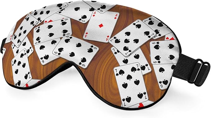 Playing Cards Silk Eye Mask Sleep Mask Funny Poker Wooden Table Rectangle Eye Mask with Adjustable Strap Lightweight for Women Work Travel Night Sleep