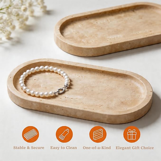 WORHE Natural Travertine Vanity Tray Waterproof Italy Marble Bathroom Organizer for Perfume, Candles & Jewelry Non-Slip Oval Storage Tray for Spa, Bedroom, Kitchen 9.8" x 4.5" Beige (WH028)