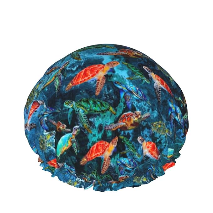 Sea Turtle Shower Cap For Women Adjustable Double Waterproof Layers Bathing Bath Cap Hair Protection Reusable Ladies Spa Salon Shower Hat