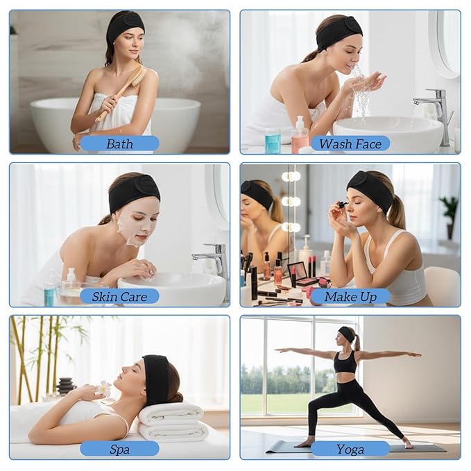 30 Pack Spa Headband Adjustable Facial Head Wrap for Women Black Hair Band for Makeup, Washing, Shower, Yoga, and Skincare
