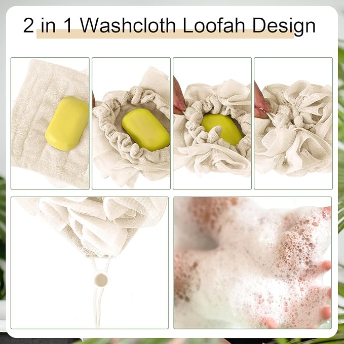 1 Pcs Washcloth Loofah Combo, 2 in 1 Bath Loofah Sponge with Drawstring, Exfoliation Mesh Shower Puff Ball for Body Wash Cleansing and Smooth Skin (Beige)