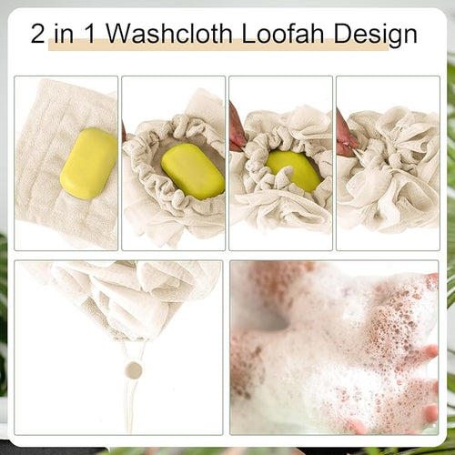 1 Pcs Washcloth Loofah Combo, 2 in 1 Bath Loofah Sponge with Drawstring, Exfoliation Mesh Shower Puff Ball for Body Wash Cleansing and Smooth Skin (Beige)