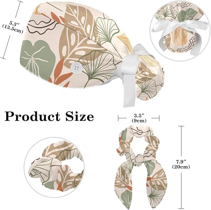 Women Working Cap with Buttons Bouffant Hat Autumn Leaves Nurse Scrub Caps Long Hair