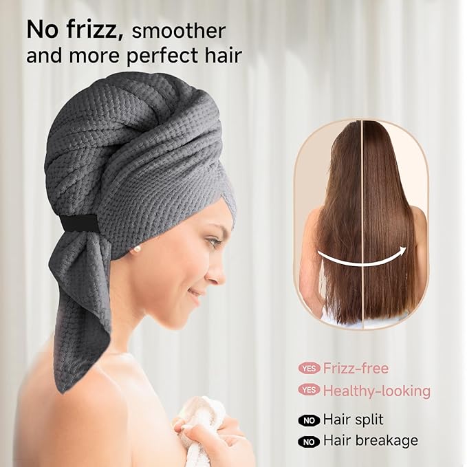 Microfiber Hair Towel Wrap for Women, Quick-Dry Turban, Ultra Absorbent & Anti-Frizz, Ideal for Long, Thick & Curly Hair, Soft Lightweight Drying Towel (24x42, Grey)