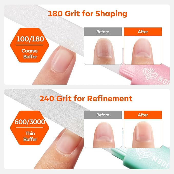 Modelones Glass Nail Files, 3 PCS Crystal Glass Nail Files with 180/240 Grit, Double-Sided Reusable Sandblasted Fingernail Buffers Nail Shaper & Smoother for Cuticle Remover Home Manicure
