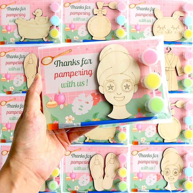 12 Pack Spa Party Favors for Kids - Individually Wrapped Paint Your Own Wooden Magnet Craft Kits with Thank You Card, Spa Birthday Decorations for Girls
