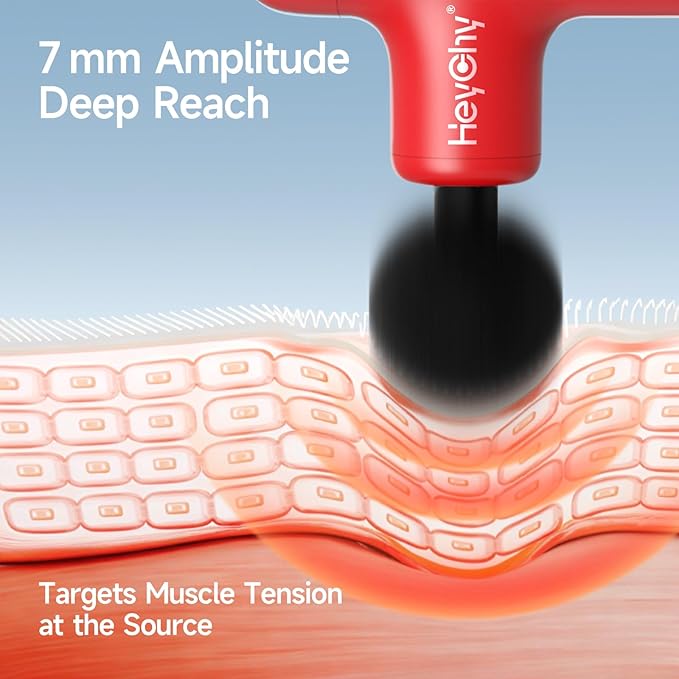 HEYCHY Super Mini Massage Gun Deep Tissue, Handheld Percussion Massager with 4 Heads, Travel Size Muscle Massager Gun for Men & Women Back Pain Relief, Quiet for Home, Gym, Office, Red