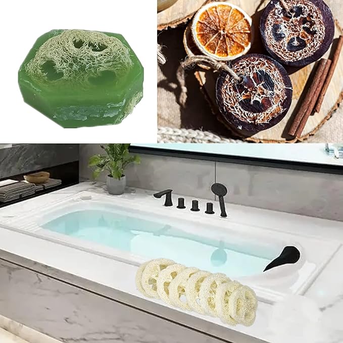 25Pcs Natural Loofah Slices of 2In, Reusable Natural Loofah Cuts for Cleaner Sponge Scrubber, Facial Soap Holder and DIY Customize Soap Tools for Wholesome Skin Care and Exfoliation with 1 Storage Bag