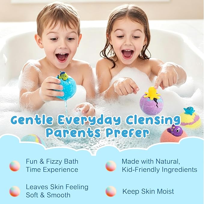 12 PCS Natural Bath Bombs with Toys Inside, Upgrade Fizzy Bubble Bath Gift Set with 12 Different Fragrances, Ocean Theme Bath Fizzies, Natural Sea Salt Color Changing Spa Easter Bath Balls
