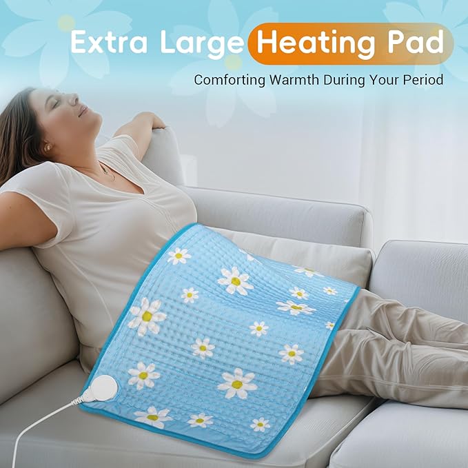 Comfytemp Extra Large Heating Pad for Back & Period, 33''x 17'' King Size Heat Pad Soft and Stylish, Electric XL Shoulder/Neck/Knee Heated Pad, Washable (Blue & Daisy Print)