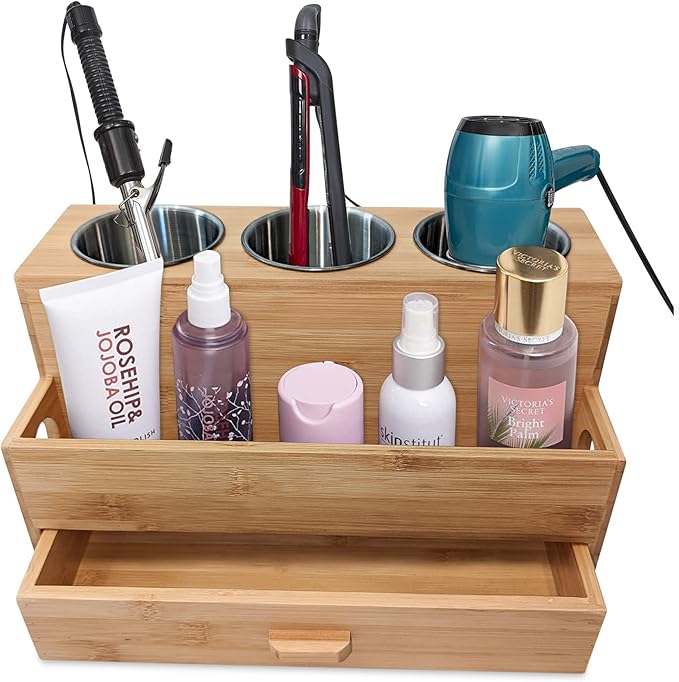Harzen Brothers Hair Tool Organizer- Bamboo, Blow Dryer Holder, Bathroom Countertop, Vanity Caddy Storage Stand for Accessories, Makeup, Toiletries