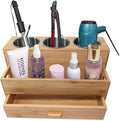 Harzen Brothers Hair Tool Organizer- Bamboo, Blow Dryer Holder, Bathroom Countertop, Vanity Caddy Storage Stand for Accessories, Makeup, Toiletries