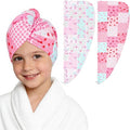 2 Pack Microfiber Hair Towel Wrap for Girls, Quick Dry Hair Turban for Kids, Absorbent Frizz-Free Hair Drying Towel with Button for Long Thick Curly Hair, Pink Flowers