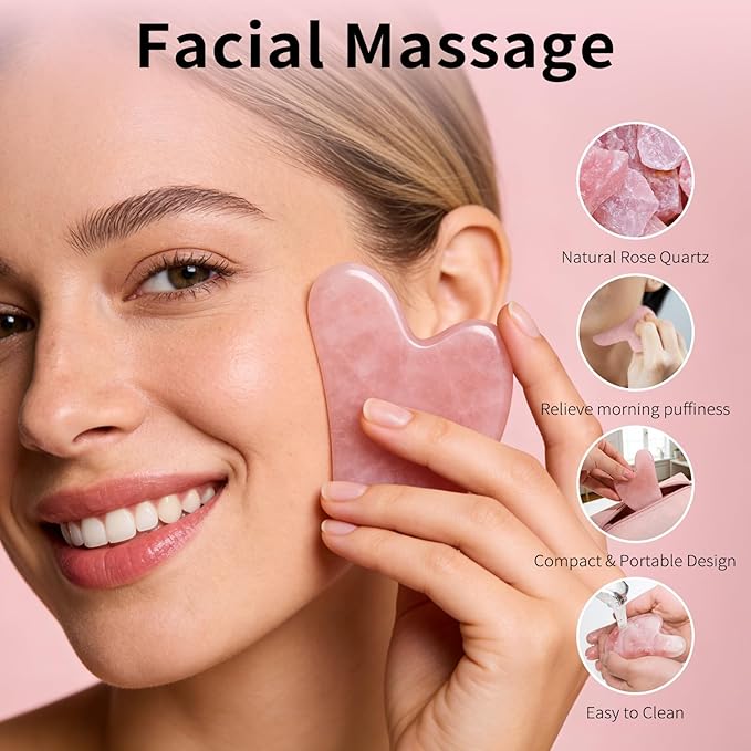 huefull Rose Quartz Gua Sha Tool for Face & Body, Natural Facial Massage Tool, Self-Care Beauty Gifts for Women & Men
