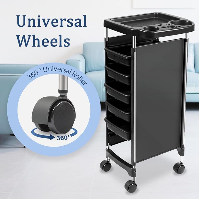 Professional Salon Trolley Cart, 5-Drawer Rolling Storage Organizer, Black, 35.4" Height with Wheels (Black-T28)