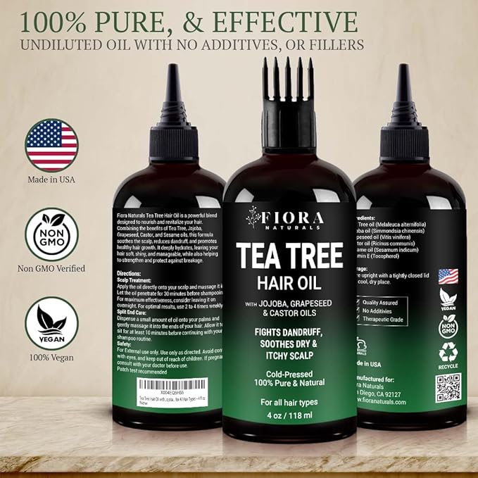 Fiora Naturals Tea Tree Essential Oil Blend, Soothing Moisturizer for Dry Scalp, Helps Hair Growth, Soothes Itchy Scalp & Fights Dandruff - Moisturizes and adds Shine - 4 fl oz