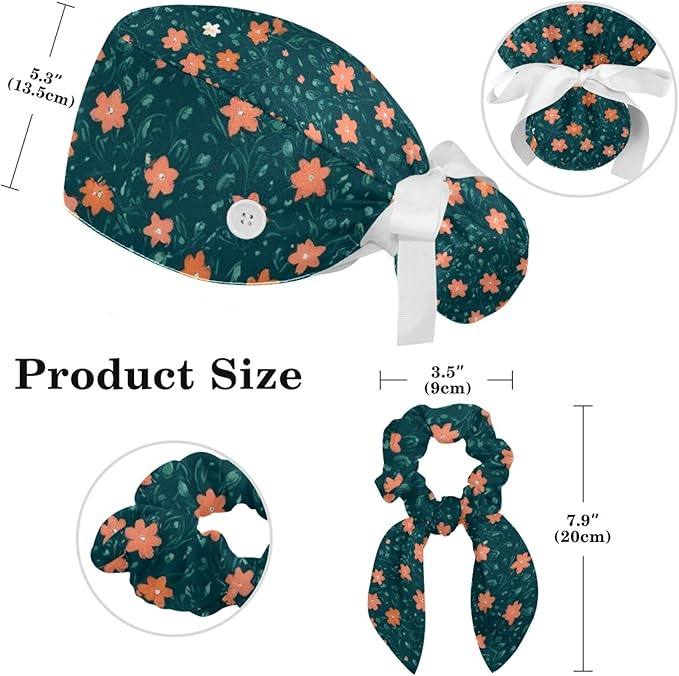 Scrub Caps Women Nursing Hats Floral Flowers with Buttons Ponytail Working Adjustable Pouch Tie Back