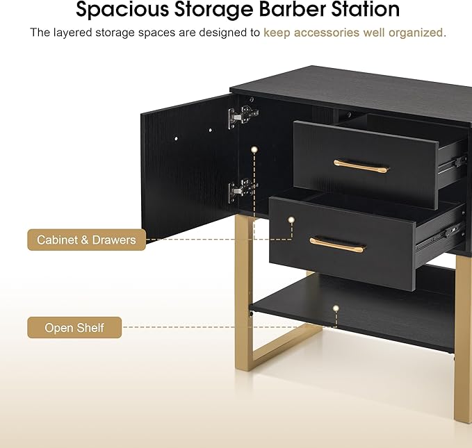 BarberPub Beauty Barber Station, Spa Wall Mount Storage Cabinet, Salon Equipment for Hair Stylist, Spa Beauty Makeup Organizer with Drawers & Shelf, 31.4"(L) x 16.54"(W) x 35.71"(H) 3185 (Black)
