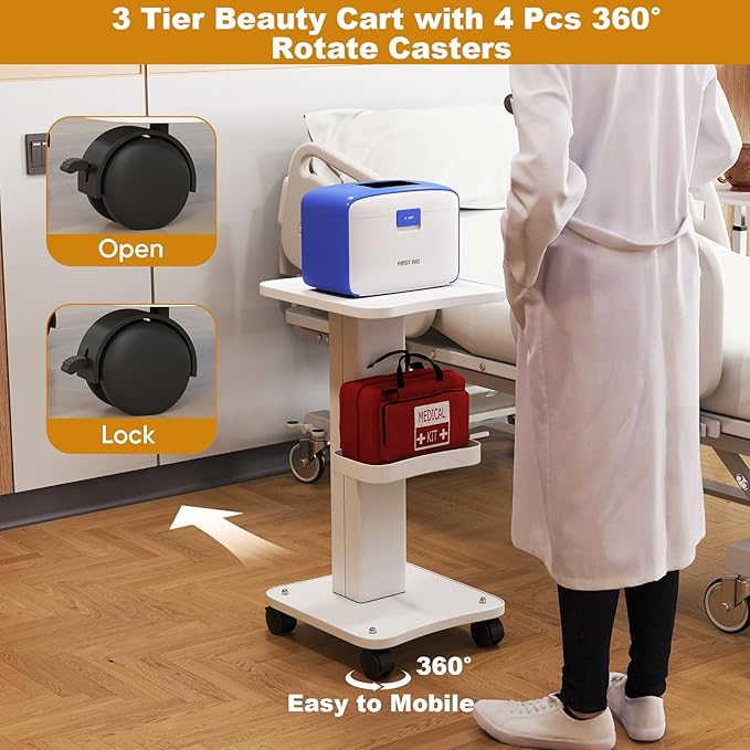 uyoyous 3 Tier Esthetician Rolling Cart with Locking Wheels, Aluminum Trolley Cart for Salon Spa Clinic Nail Tattoo, 220lbs Capacity Beauty Machine Storage Organizer