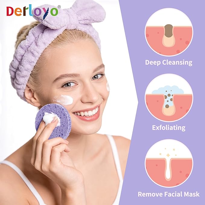 100-Count Compressed Facial Sponges for Washing face, Natural Cellulose Cosmetic Makeup Sponge for Facial Cleansing, Slight Exfoliating, Makeup Removal-(Purple Round Sponge)