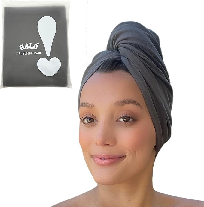 OOF! Halo T-Shirt Hair Towel | 100% Cotton Jersey Knit w/MoistureLock | No Microfiber | Reduce Cuticle Friction, Frizz & Breakage | Plopping Towel for Curly Hair | All Hair Types (Charcoal Gray)