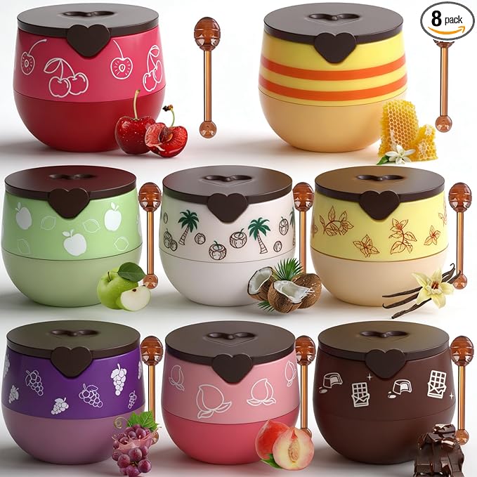8 PCS Fruit Lip Mask Set with Honey & Vitamin E Lip Balm Pot, Moisturizing Overnight Treatment, Effective Reduces Lip Lines Prevention Dry and Cracked Lip Care Product