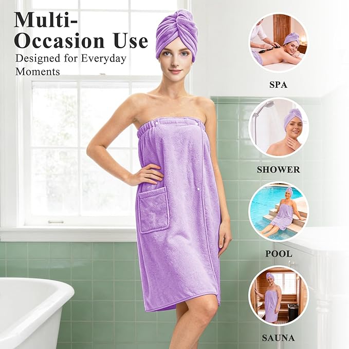 Women’s Adjustable Spa Wrap Towel Set, Microfiber Body Wrap Bathrobe with Matching Hair Towel, Super Absorbent & Quick Dry Shower Wrap for Home, Gym, Pool – Light Purple (Light Purple)