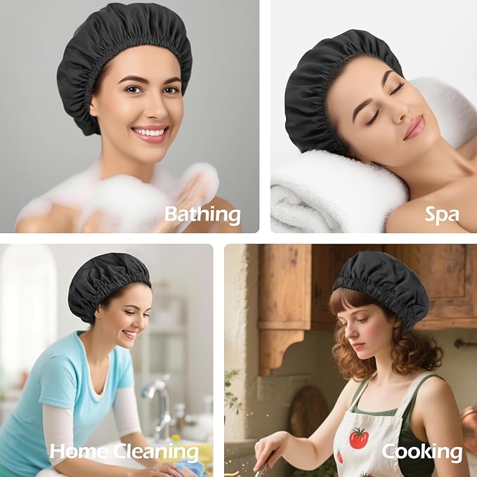 Shower Cap for Women Reusable Waterproof, Large Bath Cap with Elastic Band, Hair Caps for Long Hair and Braids, Black
