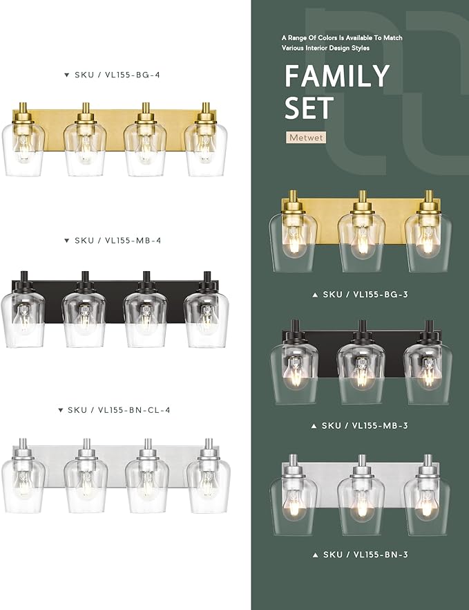 Bathroom Light Fixtures, 3-Light Modern Vanity Light with Clear Glass Wine Glass-Shaped Shade, Vanity Lighting Fixtures Over Mirror, Brushed Nickel, VL155-BN-3