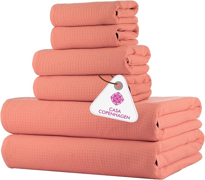 CASA COPENHAGEN Waffle 6Pcs 100% Egyptian Cotton Large Designer Towels Gift Set- Malibu Peach, 2Bath 2Hand 2Washcloths, Bath Towels for Bathroom (Box Pack, Set for Women & Men)