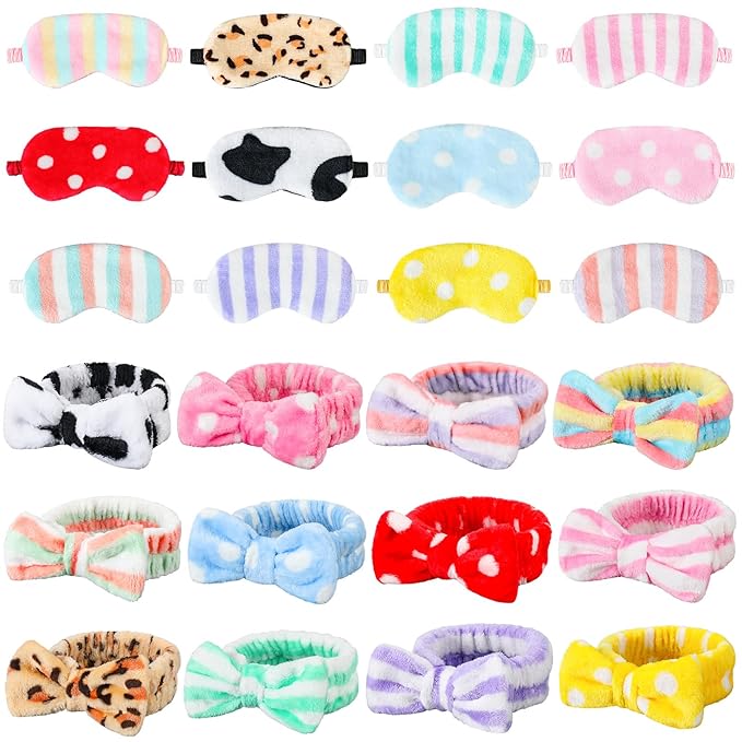 Xuhal 24 Pcs Spa Sleepover Party Favors Supplies Plush Headband and Eye Mask for Women Soft Makeup Washing Face Sleep Hair Bands for Girl Gift Birthday Stuff(Dots and Stripes)