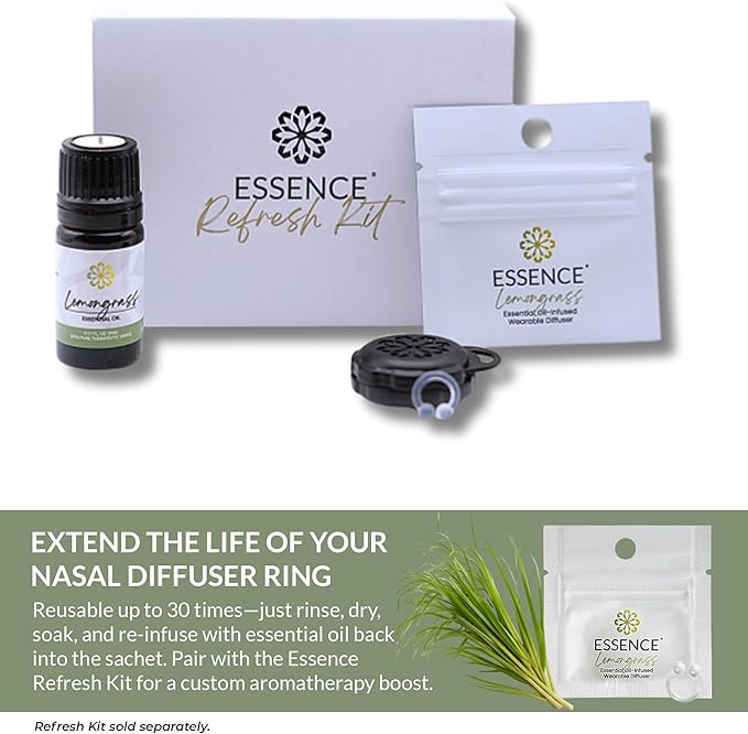 Essence Wearable Aromatherapy Nasal Diffuser – Lemongrass Essential Oil Nose Ring Silicone Inhaler for Stress & Mood Support - Made in USA & Travel-Friendly (3 Pack)