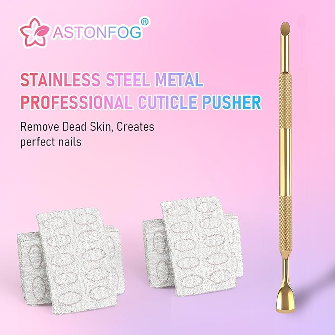 Pre-Treatment Cuticle Pusher, Dual Ended Cuticle Remover Russian Prep Nail Pushers with 100/180 Grit Sandpaper Sheets, Nail Care for Manicure Pedicure Nail Art and Foot Salon Home (Gold)