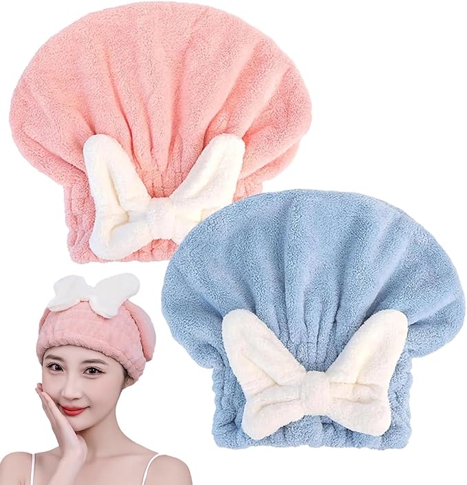 2Pcs Microfiber Hair Drying Cap,Ultra Absorbent Hair Towel Wrap Turban for Girls Women Soft Quick Dry Hair Towels with Bow Tie Shower Cap for Kids (Pink+Blue)