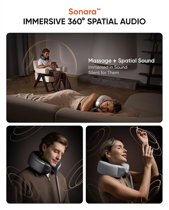 Bluvol Nest 10 Ultra Immersive Heated Neck Massager, Therapist-Style Deep Tissue Pain Relief, 360° Spatial Audio, Cordless Massager for TV Watching, Gaming, Office Work, Grey