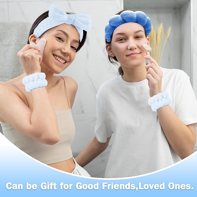 Zkptops 6Pcs Spa Headband for Washing Face Wristbands Set Women Bubble Makeup Sponge Terry Cloth Padded Puffy Skincare Headband Bow Tie Hairband Cute Non Slip Thick Hair Accessory Gifts (Dark Blue)