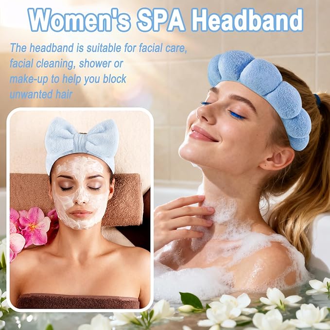 Zkptops 6Pcs Spa Headband for Washing Face Wristbands Set Women Bubble Makeup Sponge Terry Cloth Padded Puffy Skincare Headband Bow Tie Hairband Cute Non Slip Thick Hair Accessory Gifts (Dark Blue)