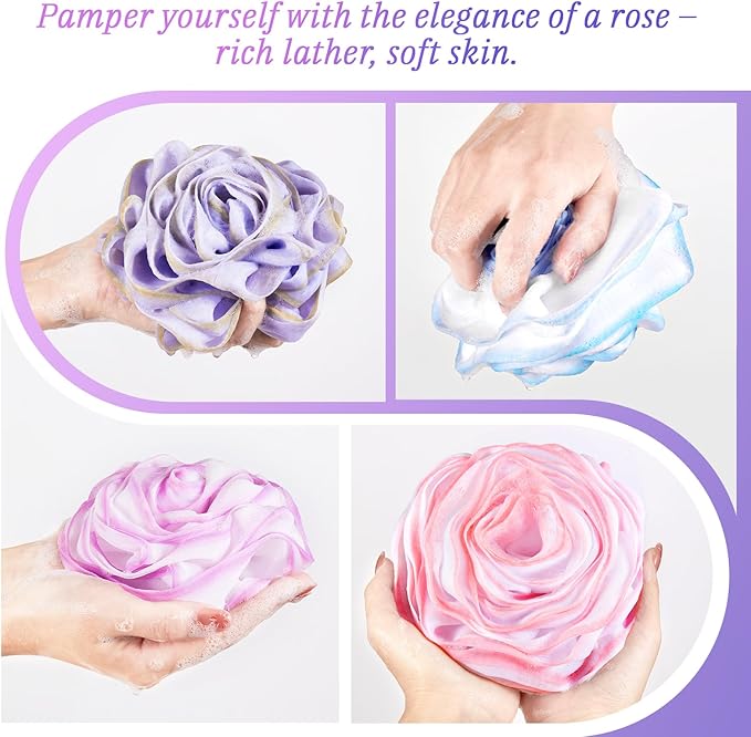 LAYUKI Bath Loofah, Shower Sponge, Body Scrubber, Rose-Shaped, Elegant (Set of 4 Pieces)