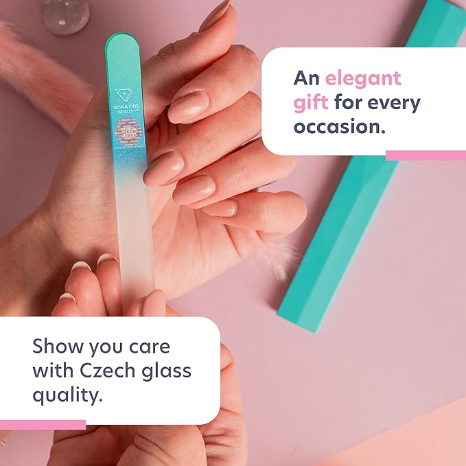 Bona Fide Beauty Glass Nail File with Case (Aqua) - 1 Piece Luxurious Gifts for Women, Crystal Etched Nail File for Natural Nails