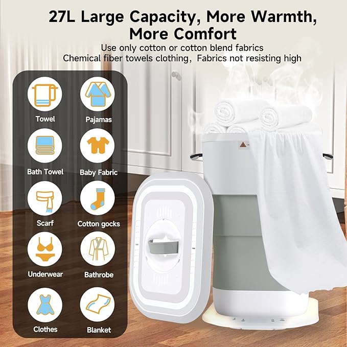 LIONROGE 27L Upgrade Foldable Towel Warmer for Bathroom with Handle- Heated Towel Warmers Bucket with Time Setting, Auto Shut Off,Fits Up to Two 40"X70" Oversized Towels, Bathrobes, Blankets