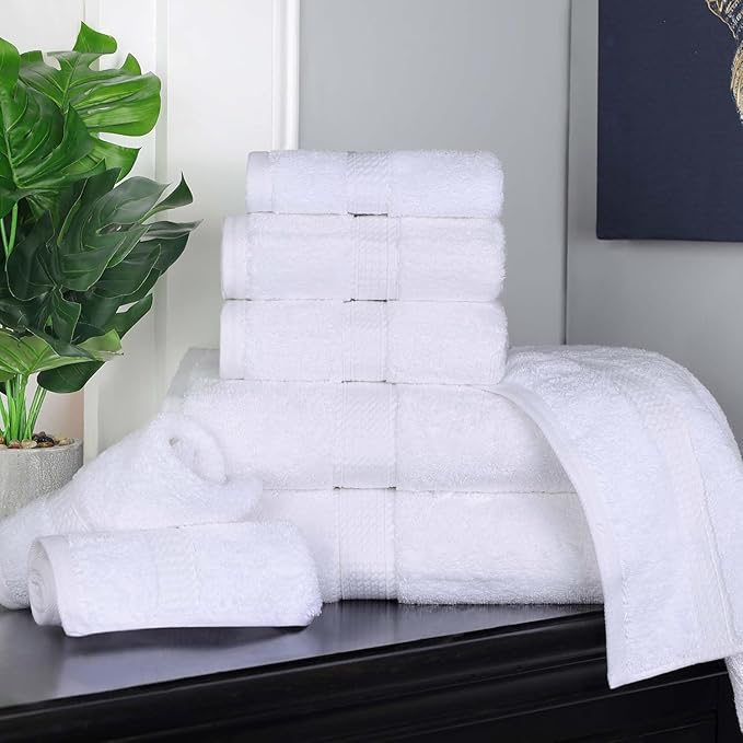 SUPERIOR Egyptian Cotton Pile 8 Piece Towel Set, Includes 2 Bath, 2 Hand, 4 Face Towels/Washcloths, Ultra Soft Luxury Towels, Thick Plush Essentials, Guest Bath, Spa, Hotel Bathroom, White