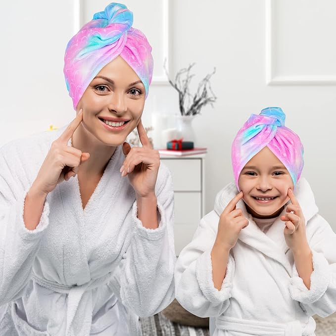 Basumee Microfiber Hair Towel Wrap for Kids 2 Pack Rapid Drying Hair Towel with Button Hair Turbans for Wet Hair Wraps Head Towel Wrap for Women and Girls, Light Mermaid