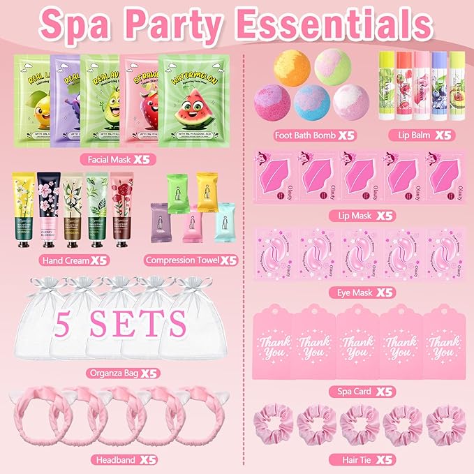 55PCS Spa Party Supplies for Girls, Spa Party Favors Face Masks, Hand Cream, Lip Balm, Lip Mask, Under Eye Patches, Foot Bath Bombs, Spa Birthday Sleepover Party Supplies for Women, Mothers Day Gifts