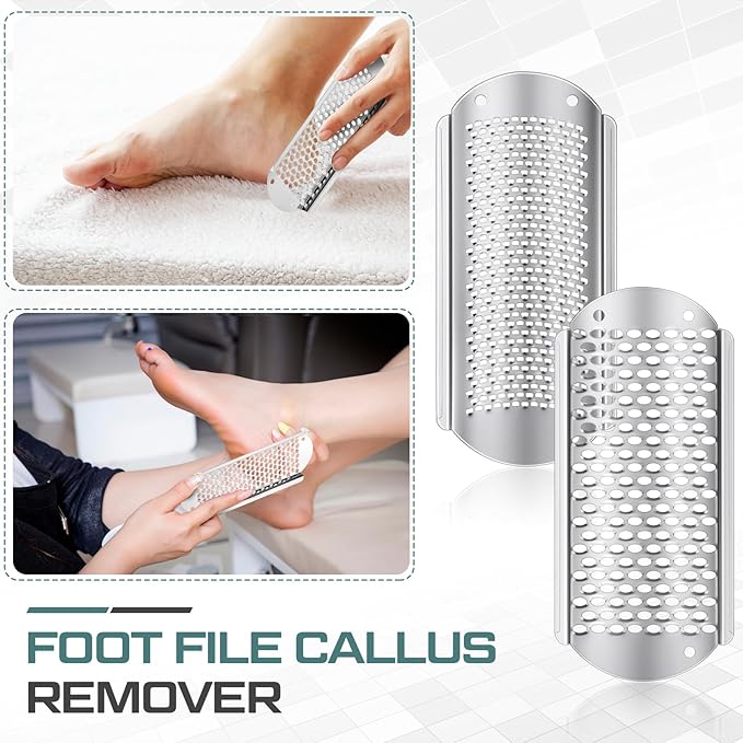 Moxweyeni 12 Pack Silver Foot File Callus Remover Replacement Blades Metal File Callus Remover Hard Skin Remove Stainless Steel 2 Designs Big/fine Hole for Detachable Foot Scrubber