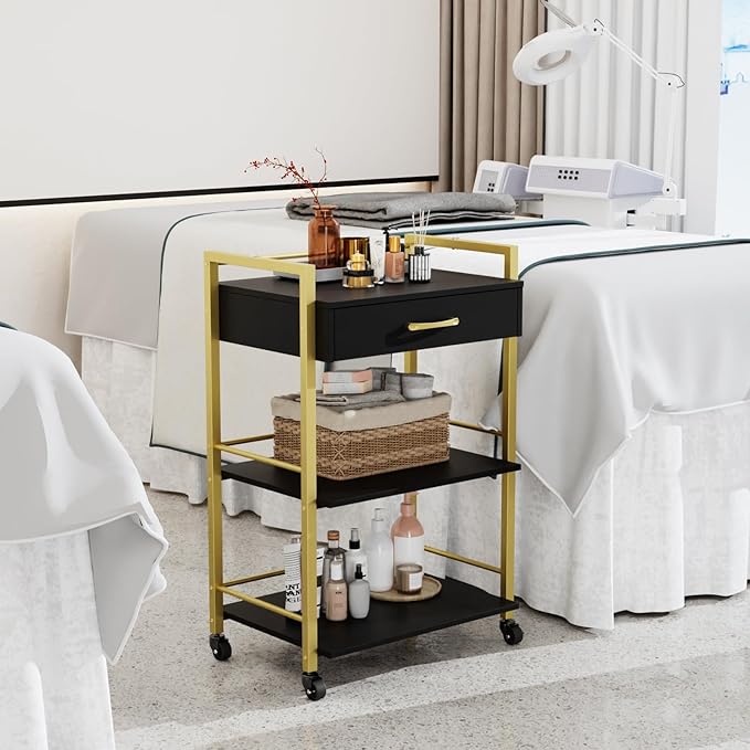 Salon Trolley Cart with Wheels, Esthetician Cart with 1 Drawer & 2 Trays, Mobile Storage Organizer for Beauty Spa Massage Tattoo Esthetic Facial Tool Holder Station, Black Gold