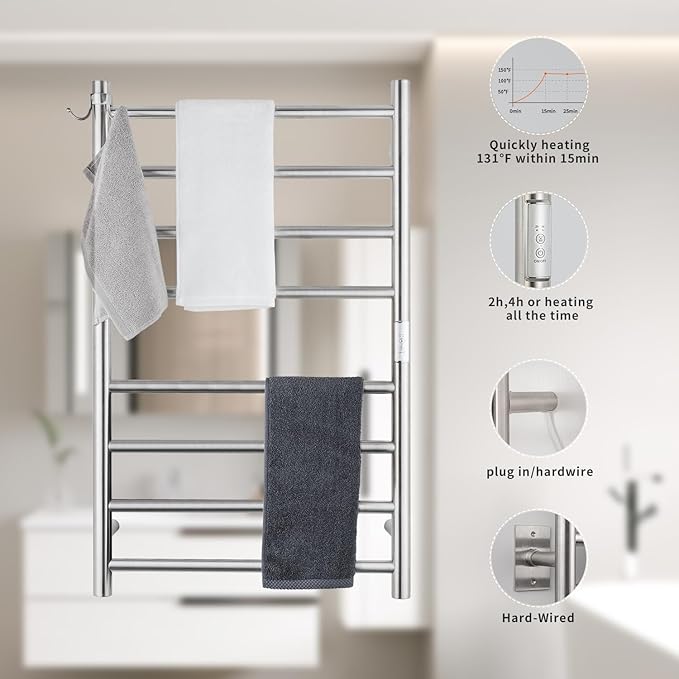 Wall Mounted Towel Warmer 8 Bars with Plug-in and Hardwired Options 3 Working Modes Brushed Stainless Steel 21” W 34” H
