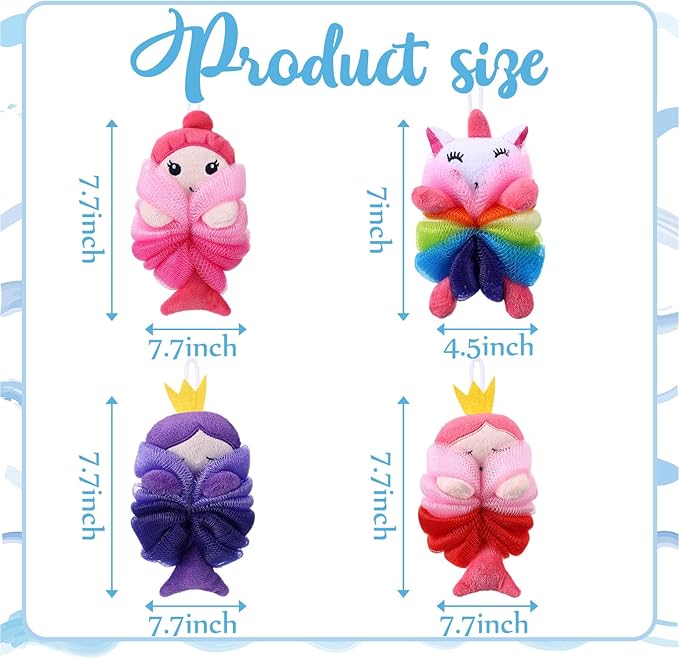 Tatuo 4 Pcs Animal Bath Loofahs Kids Body Loofah Cartoon Shower Cute Bath Sponge Pouf Body Scrubbers Mesh Sponge for Toddler Children Boys Girls Shower Baby Washing Exfoliating (Girls)