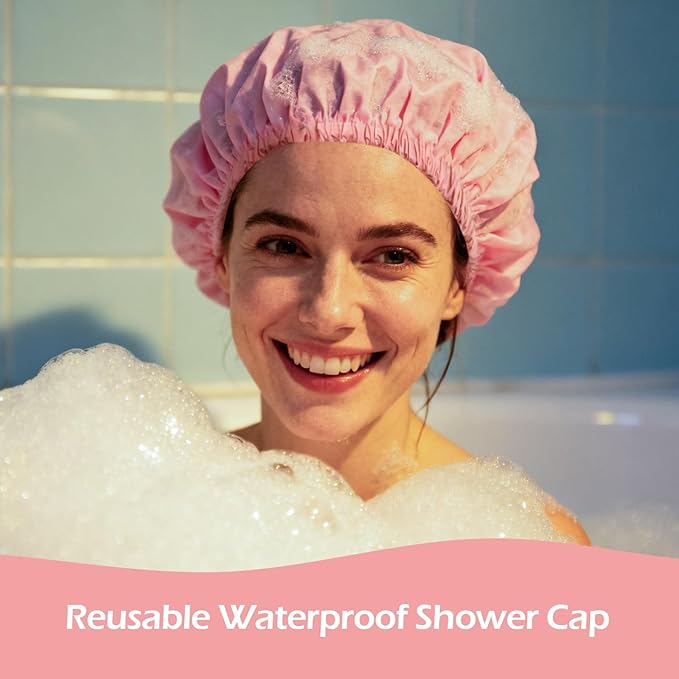 Shower Cap for Women Reusable Waterproof, Large Bath Cap with Elastic Band, Hair Caps for Long Hair and Braids, Pink